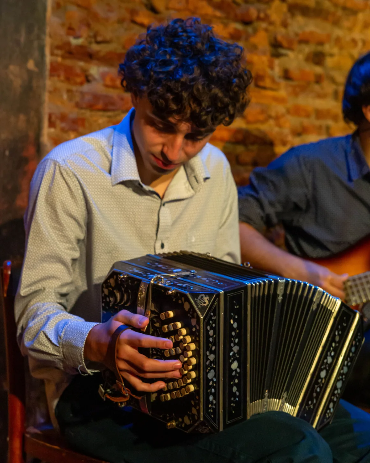 A bandoneón player in an intimate room, representative of the show's live quartet